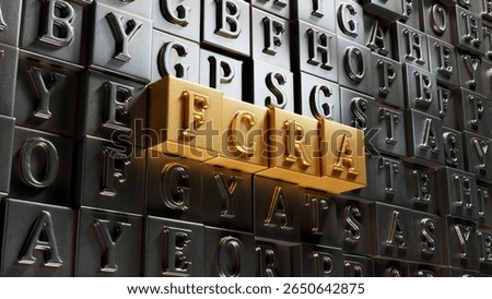 FCRA was created from Movable type printing. Finance and Banking.close up of Movable type printing,Business Concept.3D rendering on gold background.