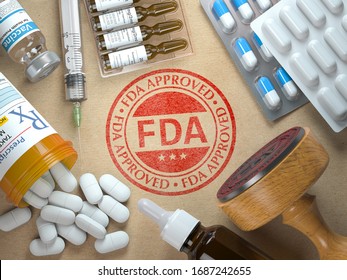 FDA approved concept. Rubber stamp with FDA and medicine. 3d illustration