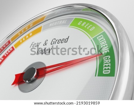 Fear And Greed Index. The index shows which moods prevail in the stock market Extreme Greed gauge. 3d rendering Stock foto © 
