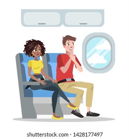 Fear Of Height Or Acrophobia. Man Flying In Airplane Is Afraid. Irrational Phobia. Psychology And Psycho Therapy Concept. Isolated Flat Illustration