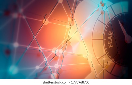 Fear level conceptual meter indicating maximum. Scale with arrow. Sign tachometer, speedometer, indicators. Infographic gauge element. Head of man. Connected lines with dots. 3D rendering