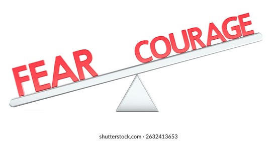 Fear vs Courage Balance, 3D Rendering isolated on white background 