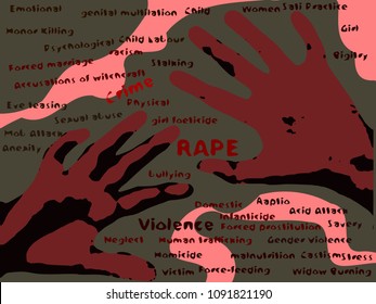 Feared Raised Hands For Protection Red Hands On Pink And Dark Greyish Green Background Illustration Of Pain With Words Abuse Bully Molestation Trafficking Eve Teasing Rape