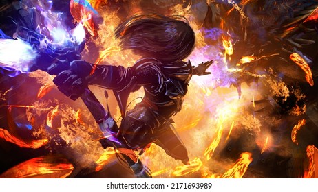 A fearless warrior girl in plate armor with a fiery magic blue sword soared into the sky to deliver a fatal blow to the demonic dragon monster that destroys and burns the city below. 2d action art