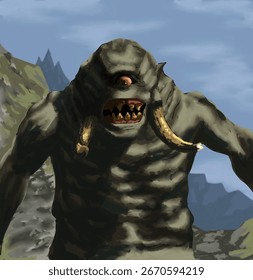 A fearsome cyclops, with a single, unblinking eye and menacing tusks, stares forward. This mythical creature is depicted in a rugged, mountainous landscape under a cloudy sky. Ideal for fantasy art.