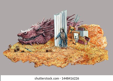 Fearsome dragon illustration. Dragon and his treasure. Fantasy acrylic illustration.