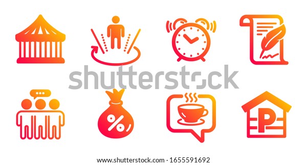 Feather, Augmented reality\
and Employees group line icons set. Loan, Coffee and Alarm clock\
signs. Carousels, Parking symbols. Copyright page, Virtual reality.\
Business set.