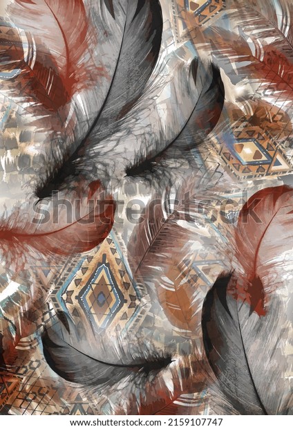 Feather and ethnic motif fabric patterns. Textile, design for web, cover, decoration and wallpaper suitable for printing. 