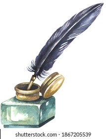 Feather pen and inkwell. Watercolor painting isolated on white background.