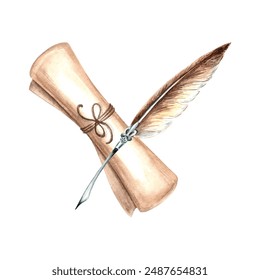 Feather pen and papyrus scroll. Composition with Parchment sheet of paper. Hand drawn watercolor illustration isolated. Writing supplies. Education concept. Template for sticker, card, website, print