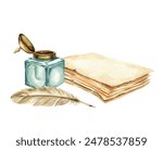 feather quill dip pen and vintage green glass inkwell with metal lid, stack of old brown paper, watercolor illustration of historical theme, antique devices for writing isolated on white background