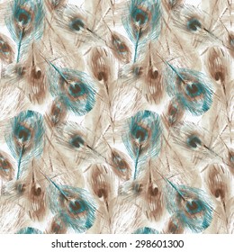 Feather Seamless Pattern. Watercolor Background.