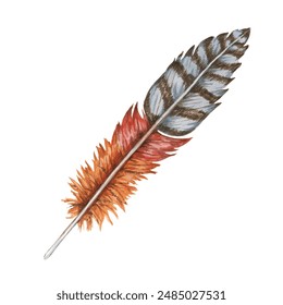 Feather in watercolor combining deep red, orange, brown and dark grey tones. Imaginary Bird plumage clipart for digital art pieces, fashion accessories, and bohemian-themed designs, home decor - Powered by Shutterstock