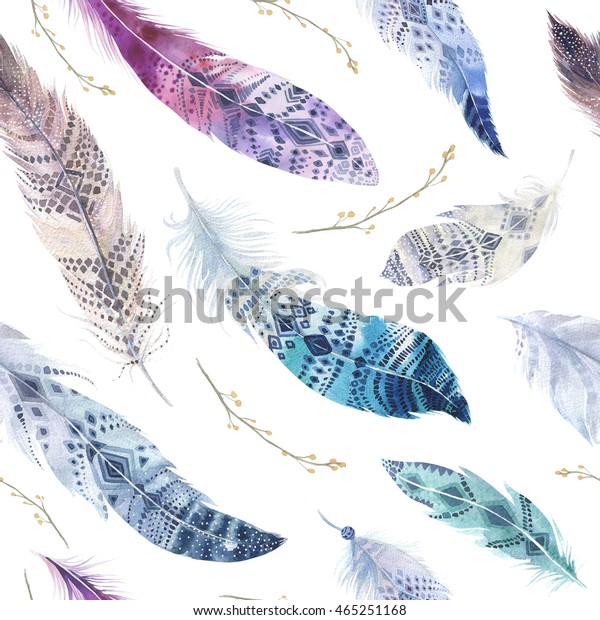 羽模様 水彩のエレガントな背景 水彩色の有機デザインプリント シームレスに繰り返されるカラーボーホーのテクスチャーと手描きのシックな壁紙 鳥のイラスト のイラスト素材