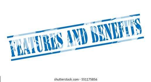 Features And Benefits Blue Stamp On White Background