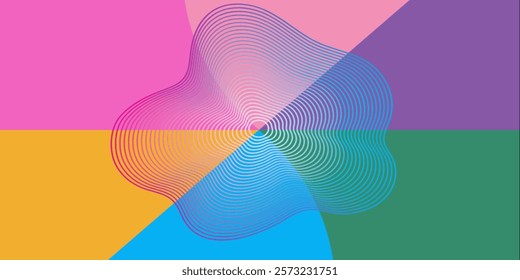 It features a central, organic shape composed of concentric lines in shades of blue, green, orange, and pink. This shape is overlaid on a background of geometric shapes in contrasting colors