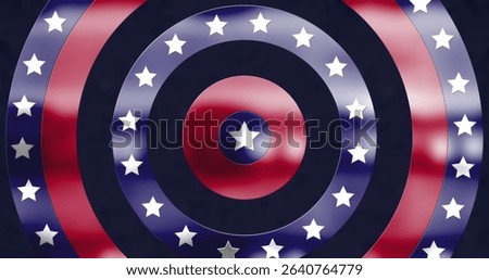 Featuring central star pattern forming glossy red-blue rings in abstract graphic, with white stars. Geometric, modern, vibrant, patriotic, digital, pattern, minimalist