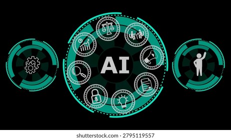 A featuring the concept of AI, with a large teal and white circular on a black background. The central the letters AI in white text, surrounded by smaller representing various aspects of AI, including gears, scales, graphs, people, megaphone, documents, light bulb, lock, and magnifying glass. Two smaller teal and white are positioned on either side of the central