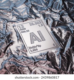 Featuring the element Aluminum (Al) symbol and atomic number 13 on a textured crinkled aluminum foil background, highlighting key material and chemical concepts.