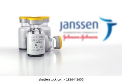 February 2021 United States: FDA Issues Emergency Use Authorization For COVID-19 Janssen Vaccine. Johnson And Johnson Vaccine Delivery. Original Bottle Vial Of The Vaccine.  3D Illustration