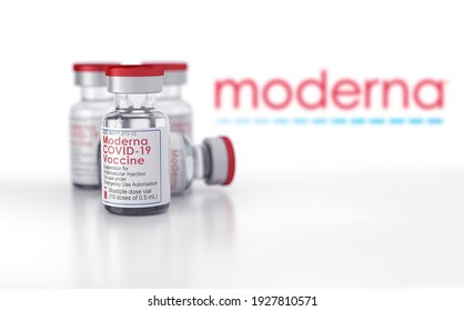 February 2021 United States: FDA Issues Emergency Use Authorization For COVID-19 Moderna Vaccine. Original Vial Bottle. 3D Illustration. 