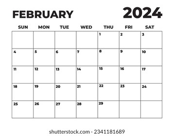 February 2024 Black and White Sunday Start Landscaped Monthly Planner, Sunday Start Calendar 2024, Landscape Organizer, 2024 Monthly Event Planner, 2024 Editable Sunday Start Calendar - Powered by Shutterstock