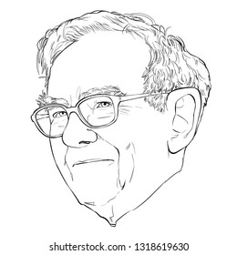 February 21, 2019 Caricature of Warren Edward Buffett, Warren Buffett, Investor , Businessman Millionaire Portrait Drawing Illustration.