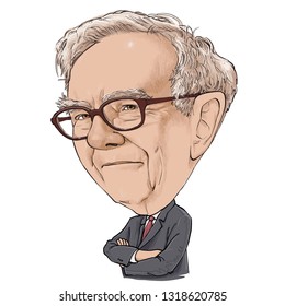 February 21, 2019 Caricature of Warren Edward Buffett, Warren Buffett, Investor , Businessman Millionaire Portrait Drawing Illustration.