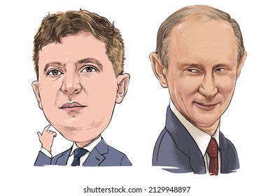 February 27, 2022 Caricature of Russian President Vladimir Putin,  President of Ukraine Volodymyr Zelenskyy, an Portrait Drawing Illustration.
