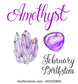 February birthstone Amethyst isolated on white background. Close up illustration of crystals drawn by hand with colored pencils. Realistic gems with calligraphic inscription.