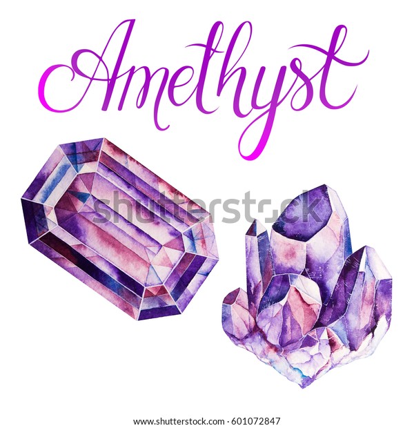 白い背景に2月の誕生石のアメジスト 紫色の宝石と手描きの水晶の水彩イラスト 文字とリアルな紫の切り子石 のイラスト素材