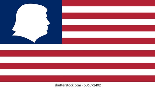 Februry 5, 2017. US President Donald Trump right profile. Silhouette American President on the US flag, waving in the wind. 3D rendering.