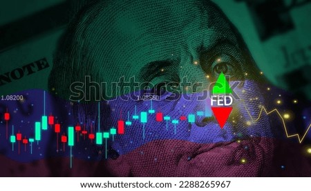 Federal Reserve Rate Rising or Fall Alerts, Stock Chart, Currency Chart. USD dollar banknote for the Federal Reserve increases and decreases interest rate control which affects America. Imagine de stoc © 
