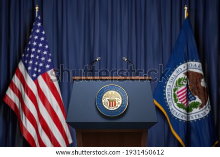 Federal Reserve System Fed of USA chairman press conference concept. Tribune with symbol and flag of FRS and United States. 3d illustration Imagine de stoc © 