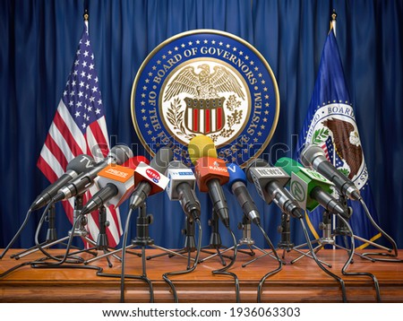 Federal Reserve System Fed of USA press conference concept. Microphones TV and radio channels with symbol and flag of US Federal Reserve. 3d illustration Imagine de stoc © 