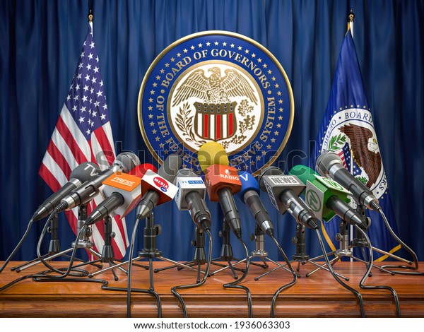 Federal Reserve System Fed of USA press\
conference concept. Microphones TV and radio channels with symbol\
and flag of US Federal Reserve. 3d\
illustration