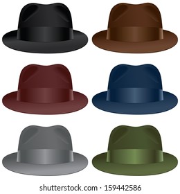 A fedora hat selection in black, gray, burgundy, olive, blue and brown colors.