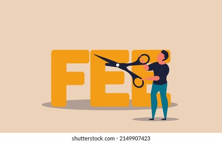 Fee Waiver Charge And Account Cost Interest To Paid. Offer Safety Package Custom And Discount Illustration Concept. Businessman Commission Cut With Scissors And Decrease Rate Percent Earnings