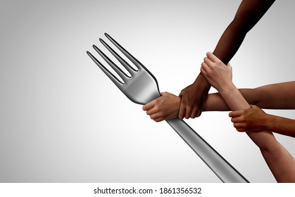 Feed the hungry and helping to fight hunger together as a group of diverse volunteer helping hands holding a fork representing charity and donation community support with 3d render elements.
