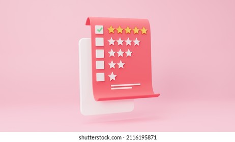 Feedback from customers or opinion form, giving five star feedback, clients choosing satisfaction rating and leaving positive review. customer service and user experience concept, 3d rendering.