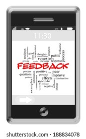 Feedback Word Cloud Concept on a Touchscreen Phone with great terms such as suggestions, improve, change and more.