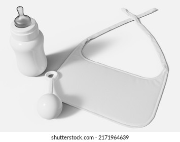 Feeding Bottle, Rattle And Bib Mockup. Baby Accessories Isolated. 3d Rendering
