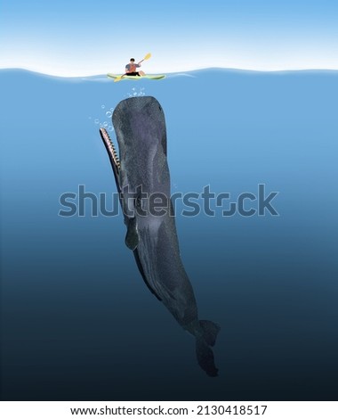 Feeling vulnerable about the unknown situation below is this kayaker with a whale moving his way in a 3-d illustration.