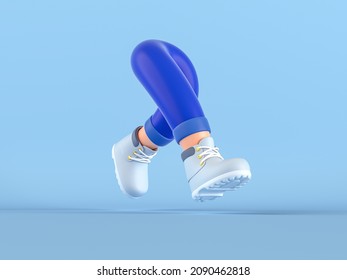 Feet Flexible In White Boots Jump And Run. Legs Of Happy Running. Creative Layout On Isolated Pastel Blue Background. 3d Render