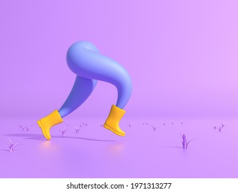 Feet flexible in yellow rubber boots jump in a puddle, where fallen leaves float. Legs of happy lady running down puddle and making splashes. Creative layout on pastel purple background. 3d render - Powered by Shutterstock