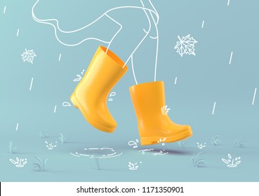 Feet in yellow rubber boots jump in a puddle, where fallen leaves float. Legs of happy lady running down puddle and making splashes. Creative layout on pastel blue background. 3d render