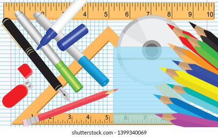 Felt Pens, Pencils, Triangle, Ruler. School Education Concept