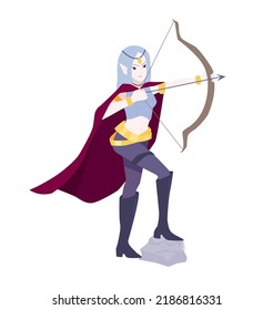 Female Archer In Cloak, Isolated Fantasy Character. Flat Illustration Of Elf Girl Shooter Aiming Archery.