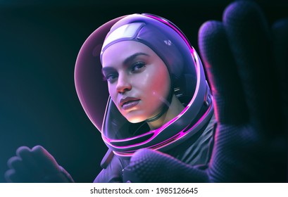 female astronaut character with neon light helmet- 3d rendering