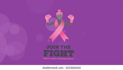 Female boxer with pink awareness ribbon and join the fight, breast cancer awareness month text. Illustration, copy space, disease, illness, sport, healthcare, support and medical concept. - Powered by Shutterstock